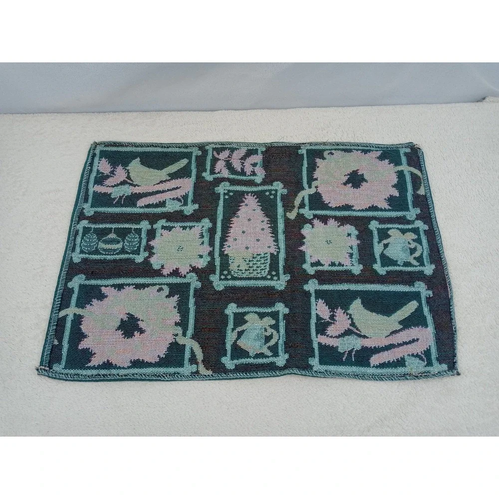 Christmas Tapestry Placemats Set of 4 Holiday Birds Wreaths Tree Bells Poinsetti